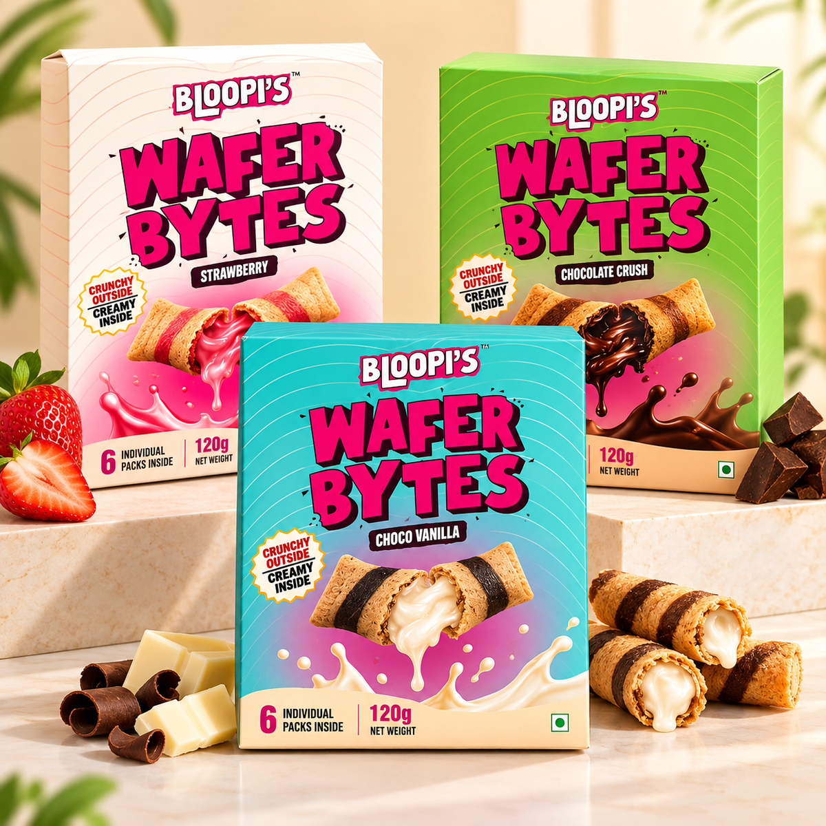 BLOOPI'S Wafer Bytes Best Seller featuring strawberry, chocolate crush, and choco vanilla flavors